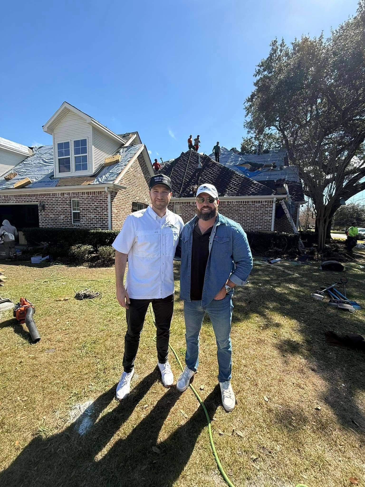 Cool Roofs team members on residential roofing project with asphalt shingles and completed home.