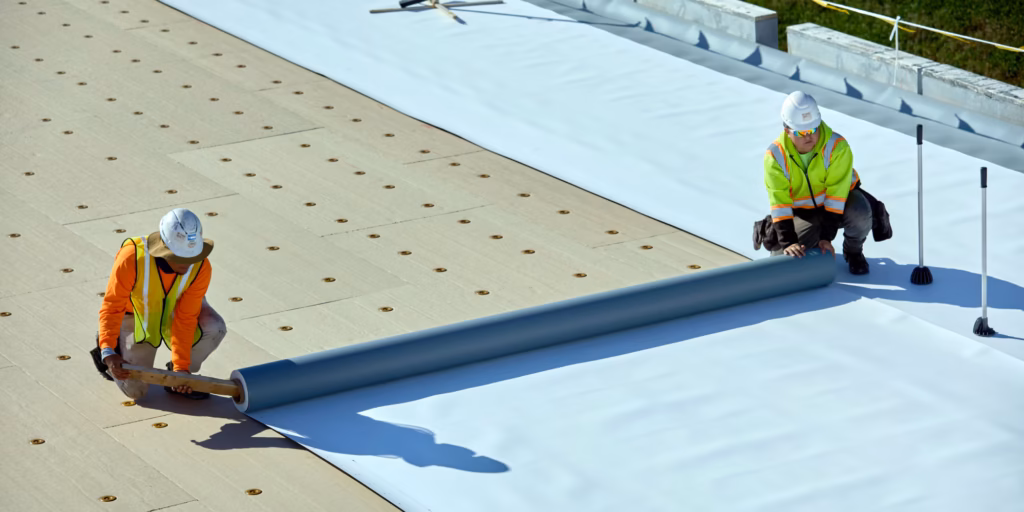 Single-ply RhinoBond roofing system installation