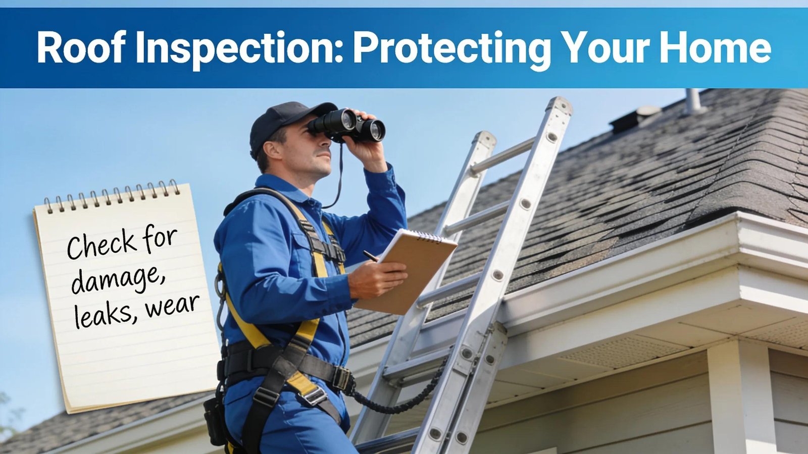 Rooftop inspection with binoculars and checklist for damage, leaks, and wear.