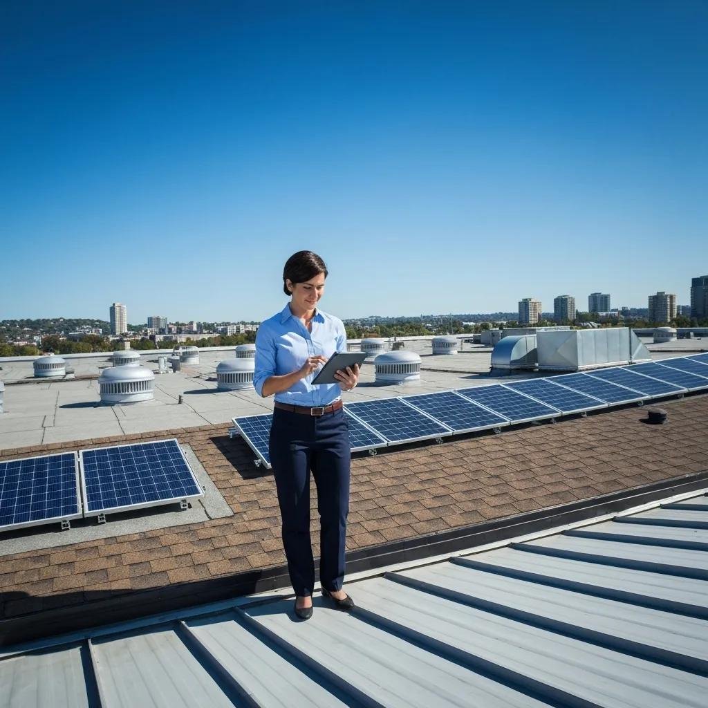 Commercial property manager inspecting flat roof with tablet, assessing commercial roof inspections and maintenance.