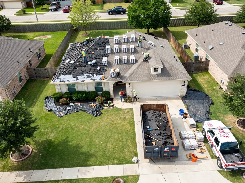 Aerial view of roof replacement in progress, showing roofing crew and debris container.