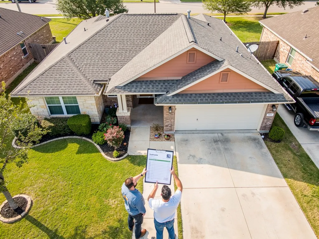 Aerial view of Texas home roof inspection and repair assessment