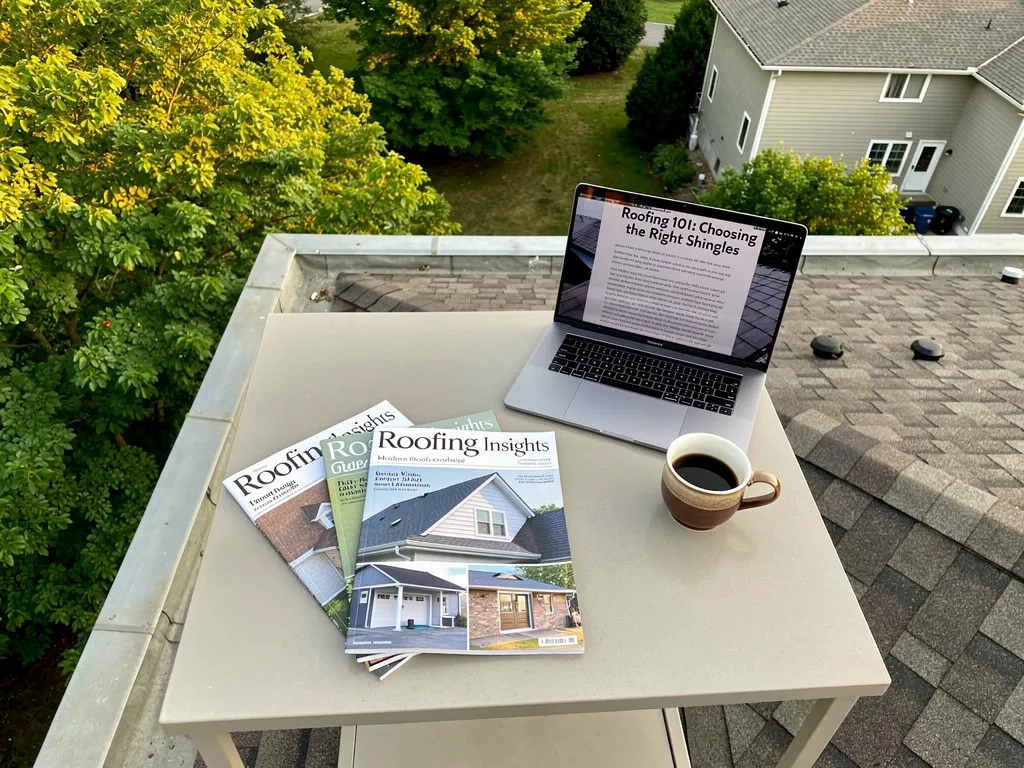Laptop displaying roofing article and roofing magazines with a cup of coffee on a rooftop.