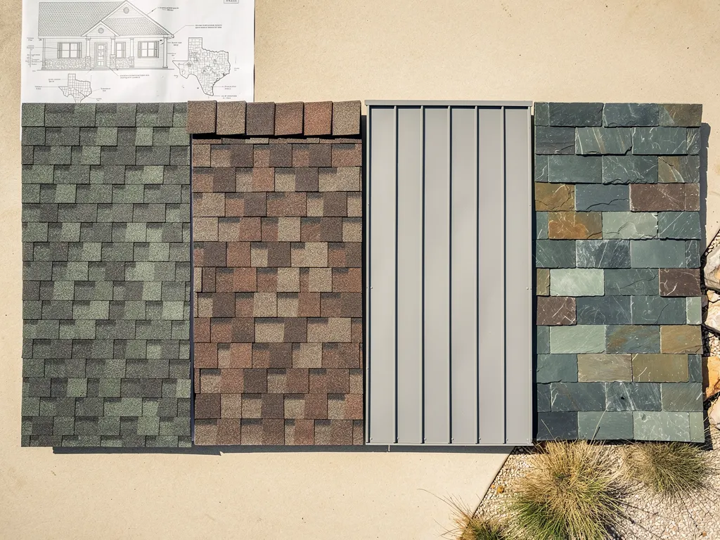Roof material samples: asphalt shingles, architectural shingles, metal roofing, and slate roofing options for Texas homes.