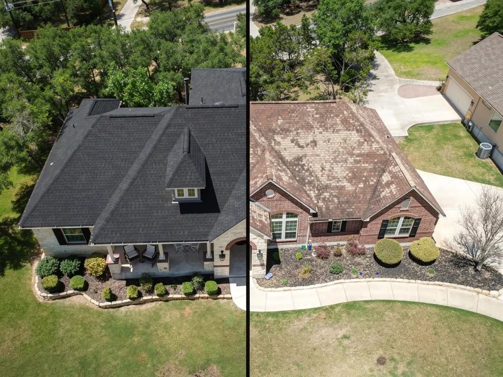 Before and after roof repair comparison illustrating roof damage assessment.