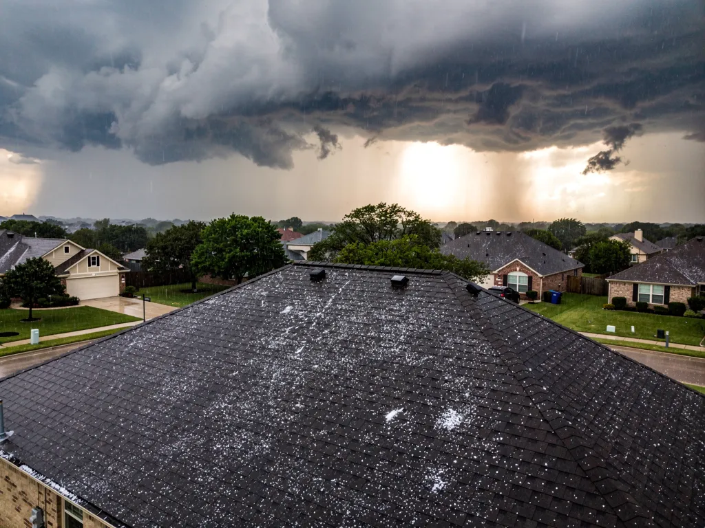 Storm clouds over Texas rooftops, illustrating hail damage and potential roof repair or replacement.