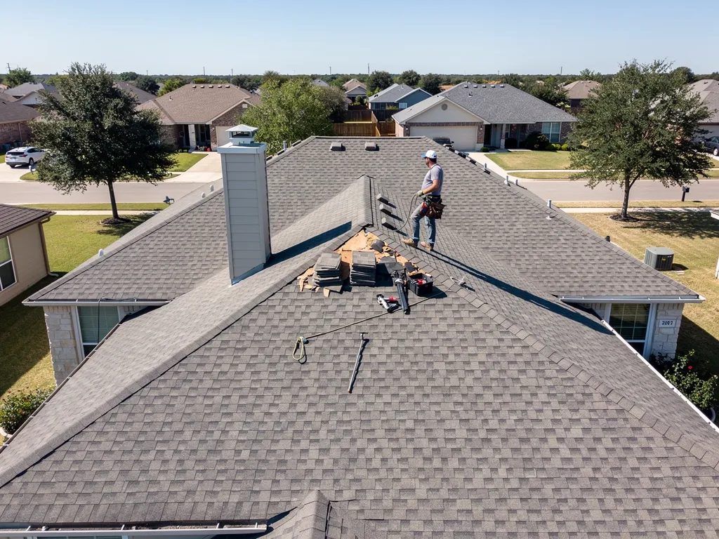 Roofer inspecting shingle damage on residential roof in Texas, assessing repair versus replacement options.
