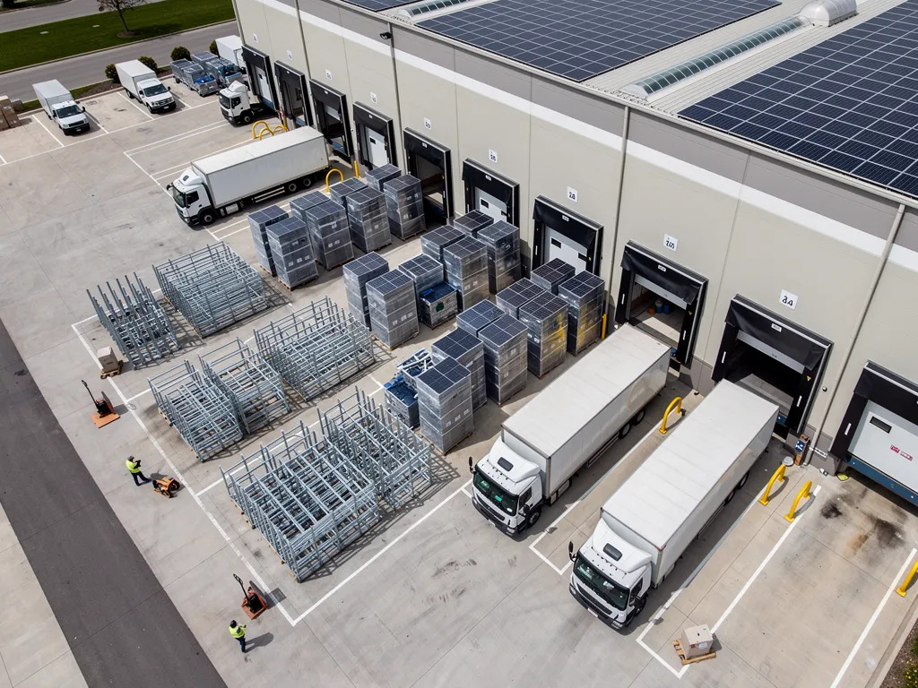 Solar panels and racking equipment delivery for commercial solar installation.