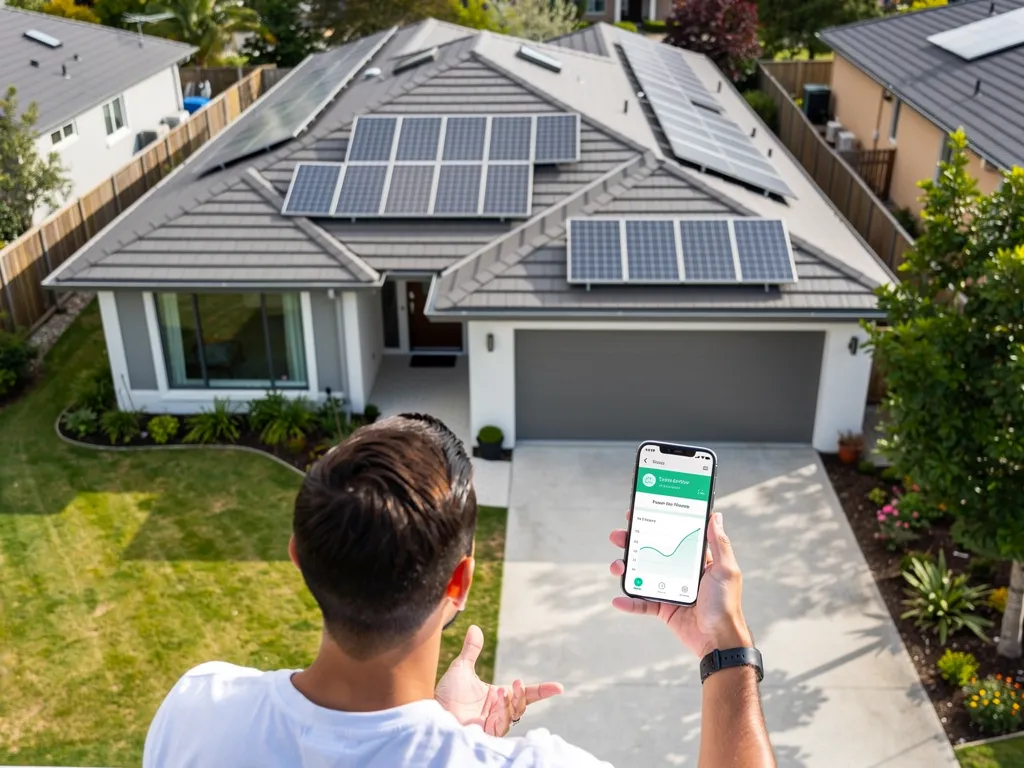 Residential home with solar panels and a person holding a smartphone displaying energy production data.