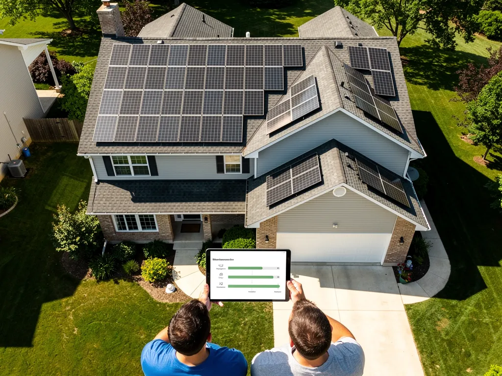 Aerial view of home with solar panels and timeline illustration