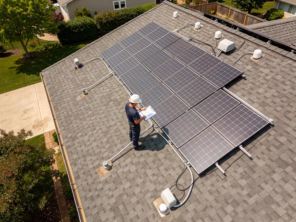 Solar panels installed on residential roof and installer inspecting system.