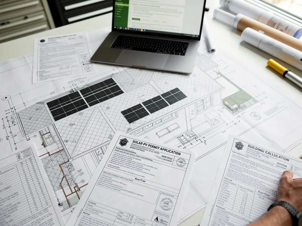 Solar PV permit application and detailed engineering plans for solar panel installation.