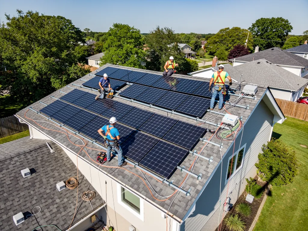 Solar panel installation crew working on residential roof, sealing penetration points and mounting racking.