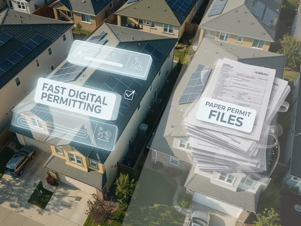 Aerial view illustrating fast digital permitting versus paper permit files for solar panel installation.