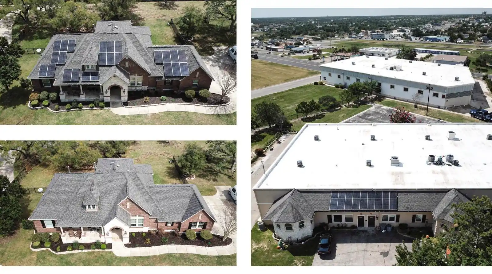 Aerial view of commercial and residential buildings with PVC roofing and solar panels.