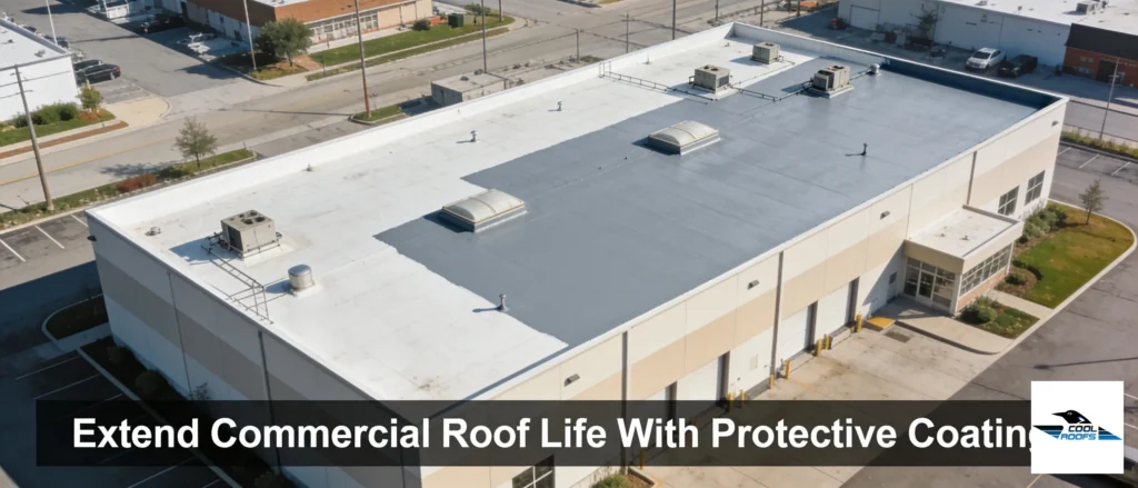 Commercial building roof with protective coating and HVAC units, extending roof life