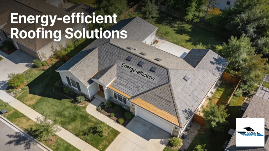 Aerial view of residential home with energy-efficient roofing and Cool Roofs logo.