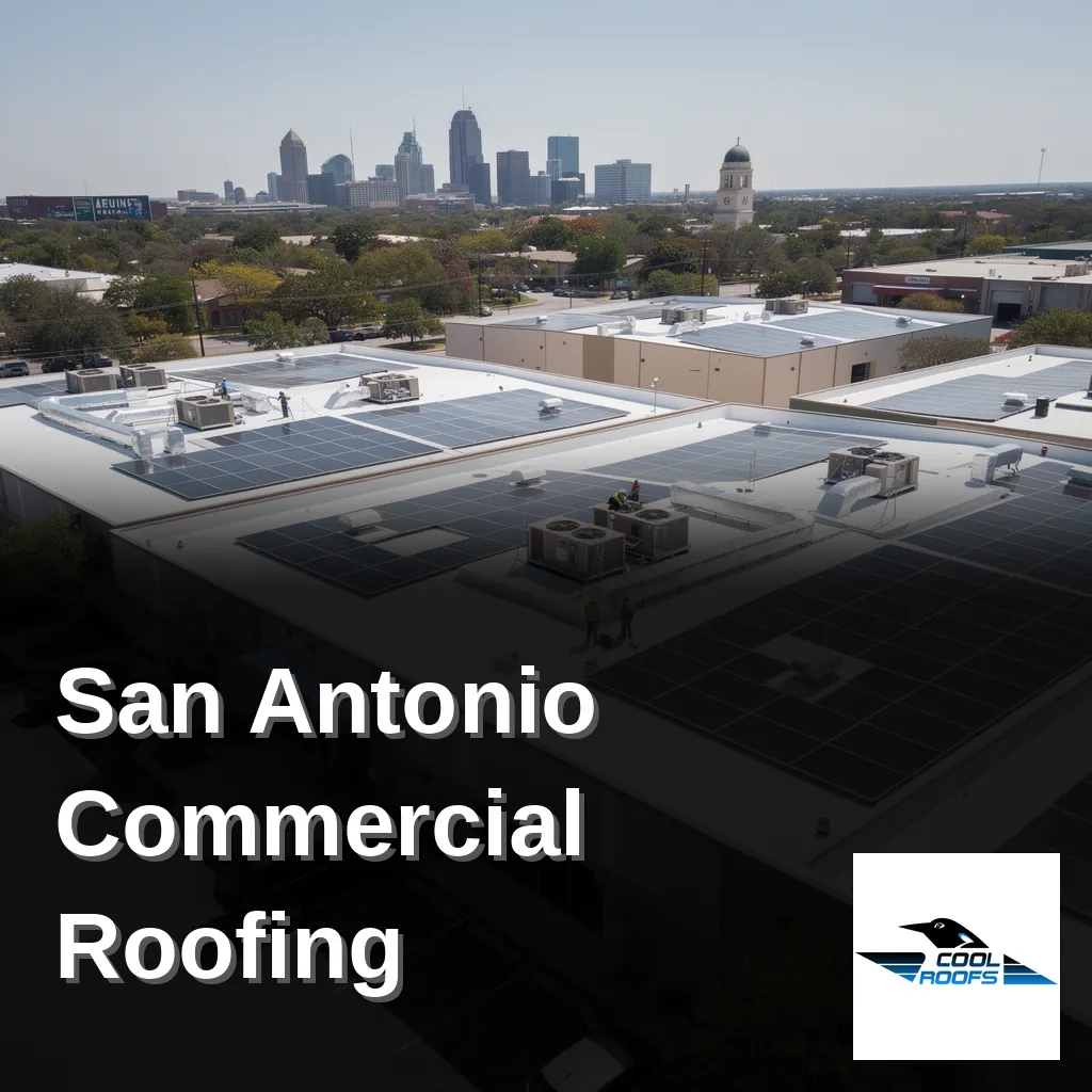Aerial view of a commercial building rooftop in San Antonio, Texas, showcasing a white reflective